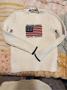 Vintage Ralph Lauren Polo Jeans Company White Ribbed Flag Sweater